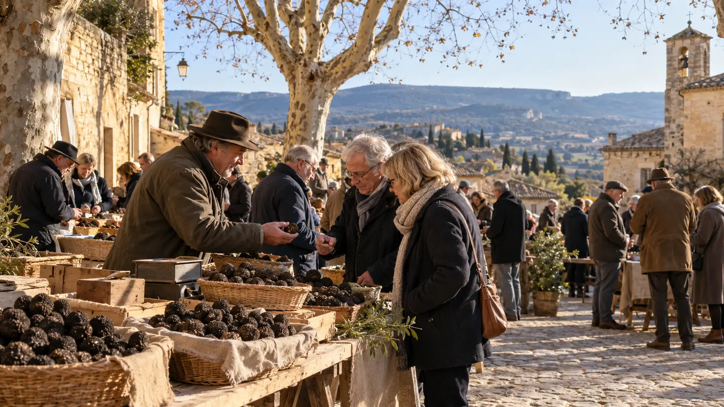 Editorial illustration for Truffle Market in Ménerbes.