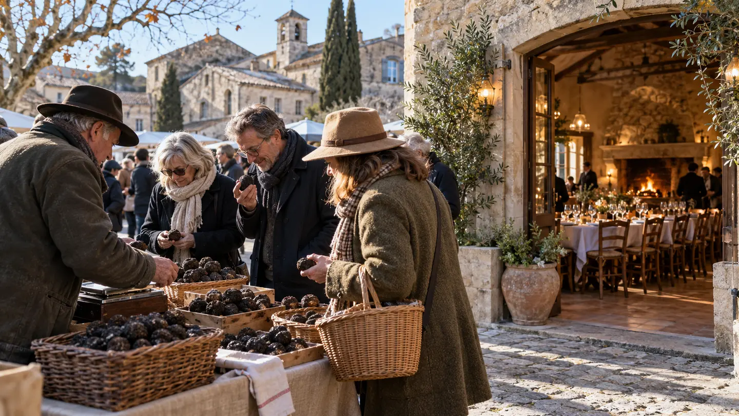 Editorial illustration for Truffle market and lunch in Richerenches.