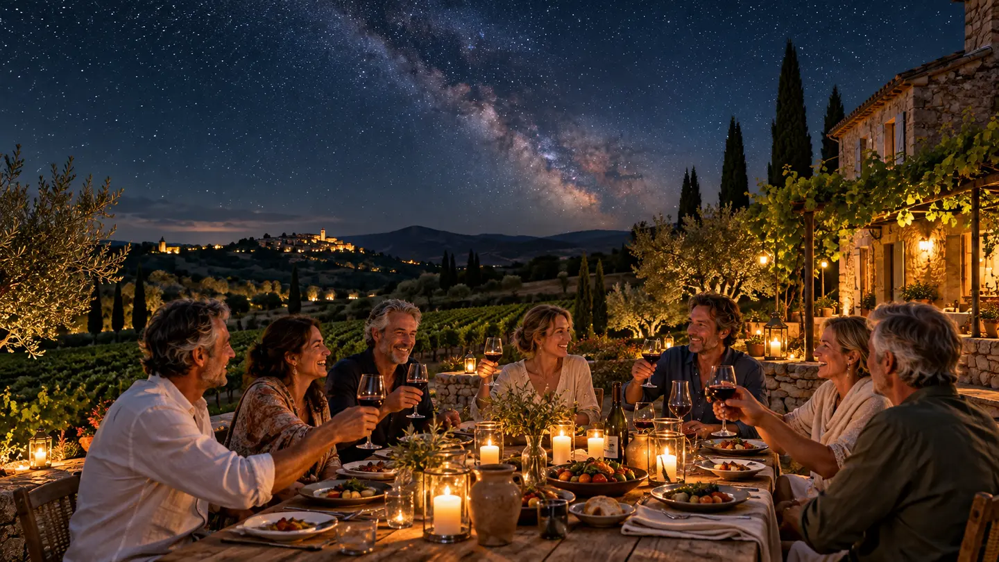 Editorial illustration for Wine walk and dinner under the Milky Way.