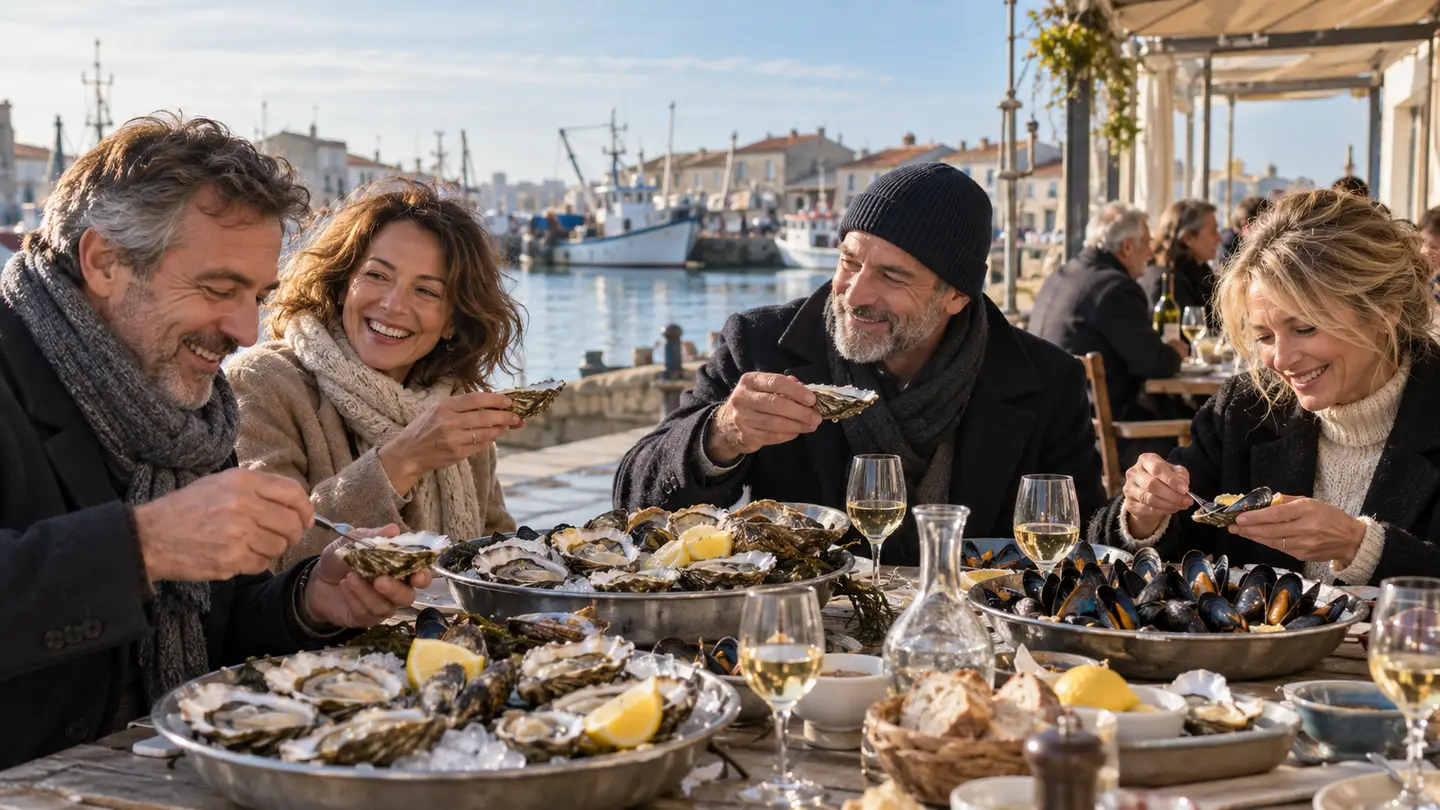 Editorial illustration for A coquillage tasting and bistro lunch in Port Saint Louis du Rhône.