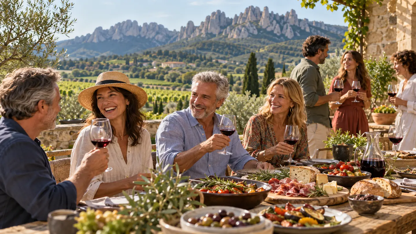 Editorial illustration for Gigondas wine tasting and buffet.