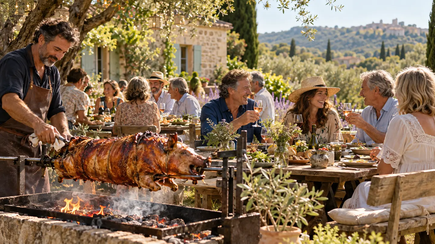 Editorial illustration for Cochon à la broche.