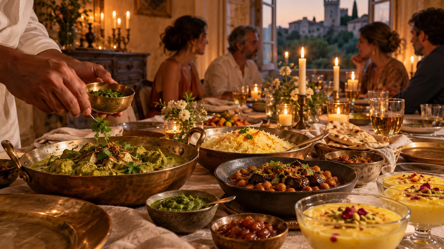 A refined Indian dinner table with colourful dishes in a warm Provençal setting.