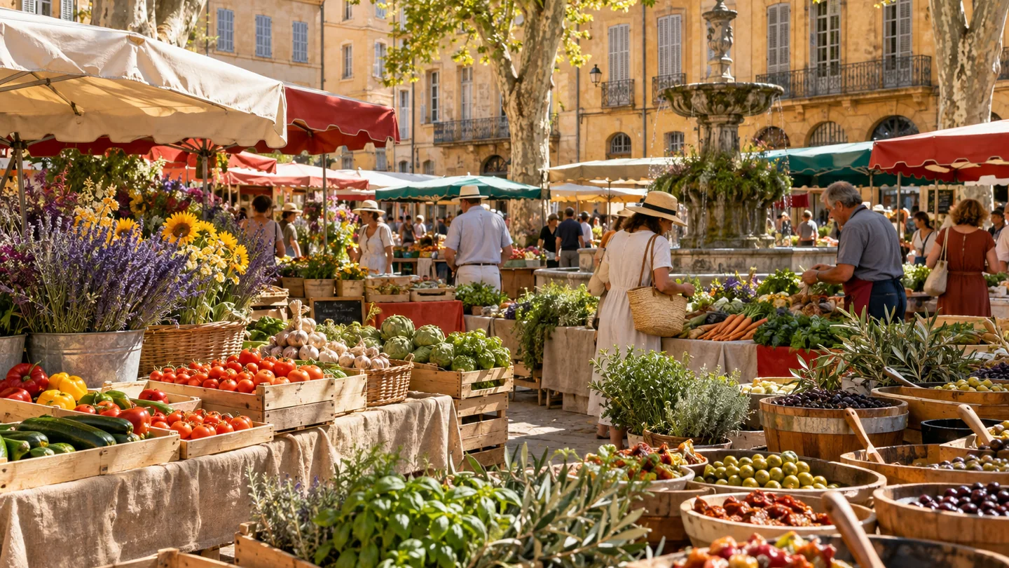 A sunlit Provençal market in Aix-en-Provence with produce, flowers and ochre façades.