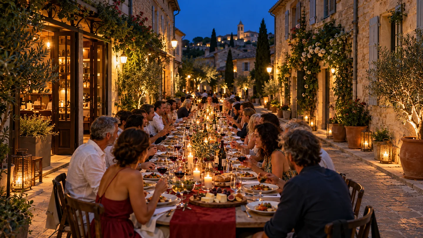 A long communal dinner table glowing at dusk in a Provençal village street.