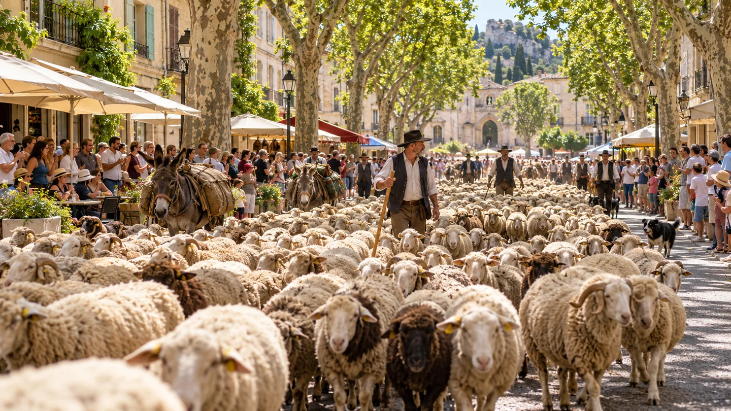A flock of sheep crossing Saint-Rémy-de-Provence during the transhumance festival.