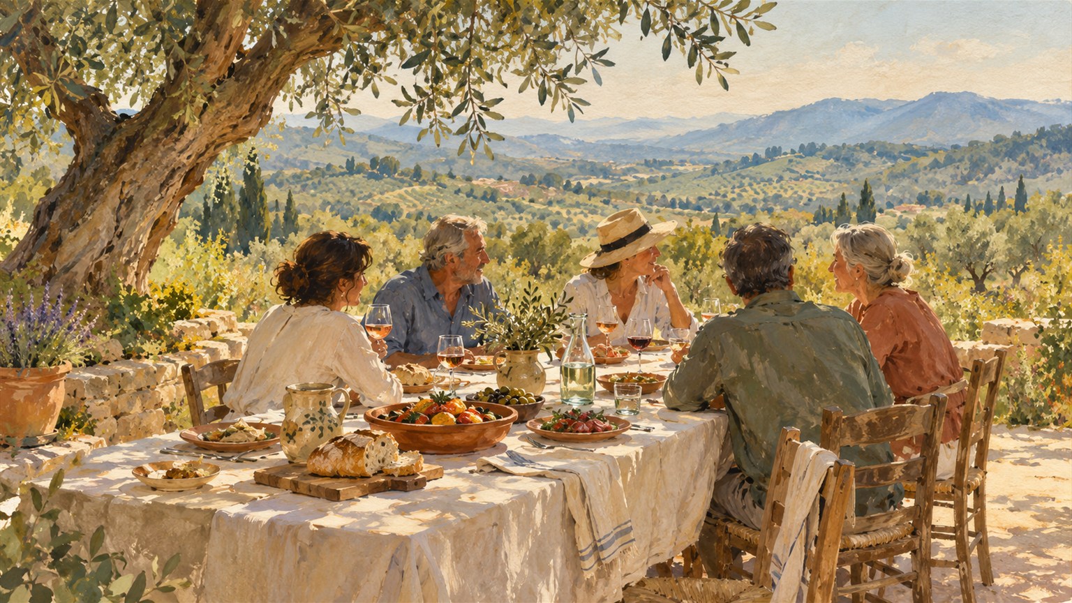 Illustration of friends sharing lunch beneath an olive tree in Provence
