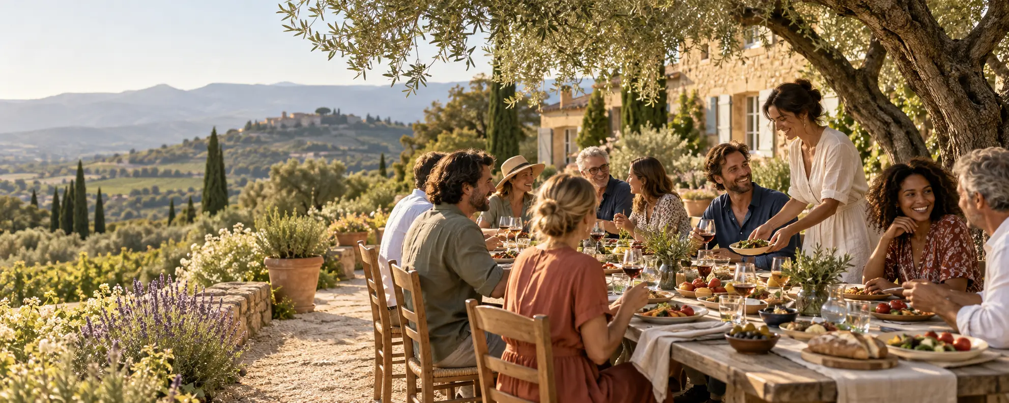 A convivial lunch beneath olive trees in Provence